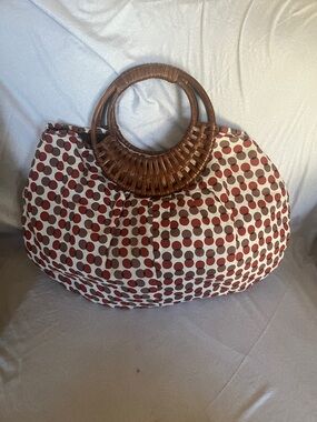 Polka Dot Canvas Tote with Woven Wood Handles - Red/Brown